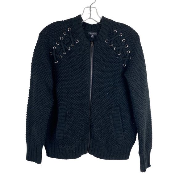 Torrid Black Lace Up Bomber Sweater - Picture 1 of 5